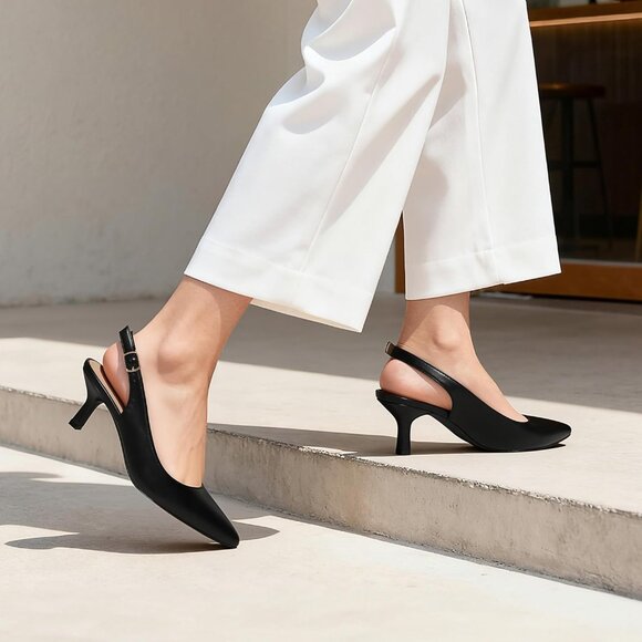 Women's Black Slingback Pointed Toe Low Pumps Casual Stylish Kitten Heel Sandal - Picture 3 of 6